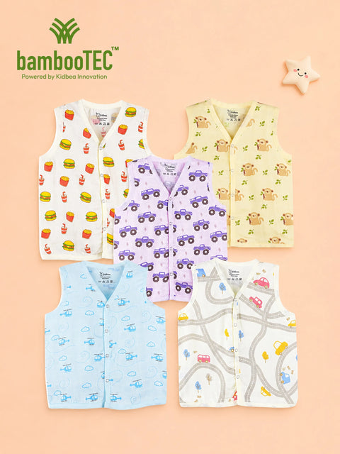 BambooTEC™ Bamboo Muslin Baby Jhabla Pack of 5 – Fast Food, Monkey, Monster Truck, Helicopter & Travel Prints