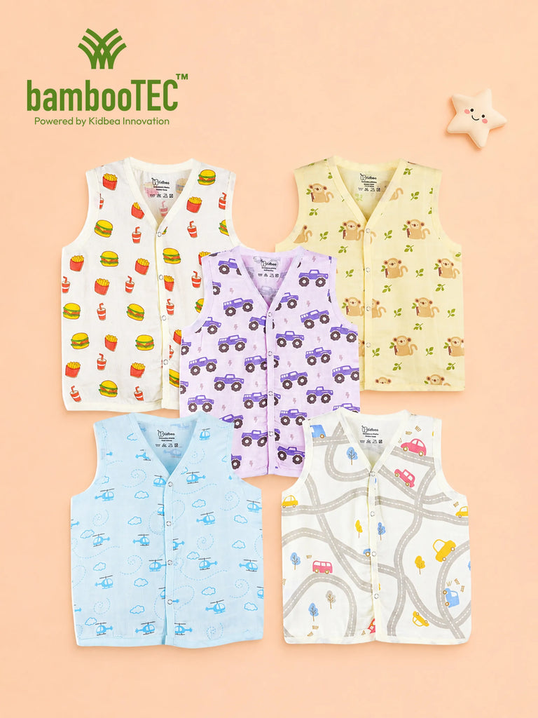 BambooTEC™ Bamboo Muslin Baby Jhabla Pack of 5 – Fast Food, Monkey, Monster Truck, Helicopter & Travel Prints