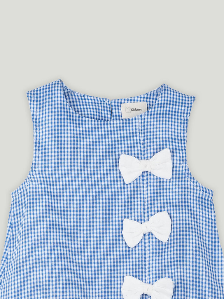 Blue & White Cotton Checked A-Line Dress | Soft Sleeveless Summer Frock with Bow