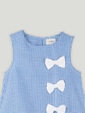 Blue & White Cotton Checked A-Line Dress | Soft Sleeveless Summer Frock with Bow