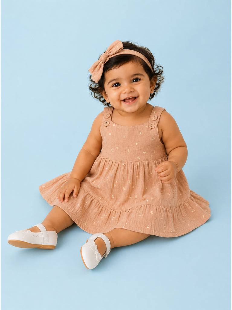 Girls Organic Cotton Beige Floral Print Dress & Bloomers Set with Headband