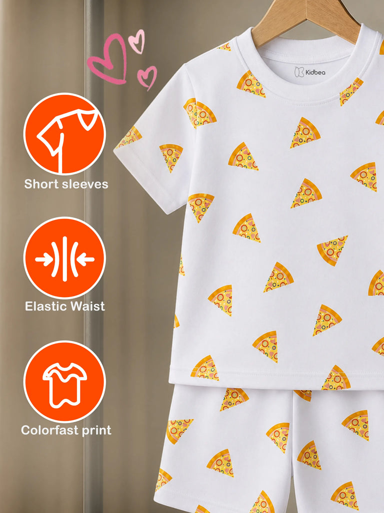 Organic Cotton Unisex Kids Co-ord Set Pack of 2 – Soft Breathable Pizza & Dinosaur Print T-Shirt & Shorts Set