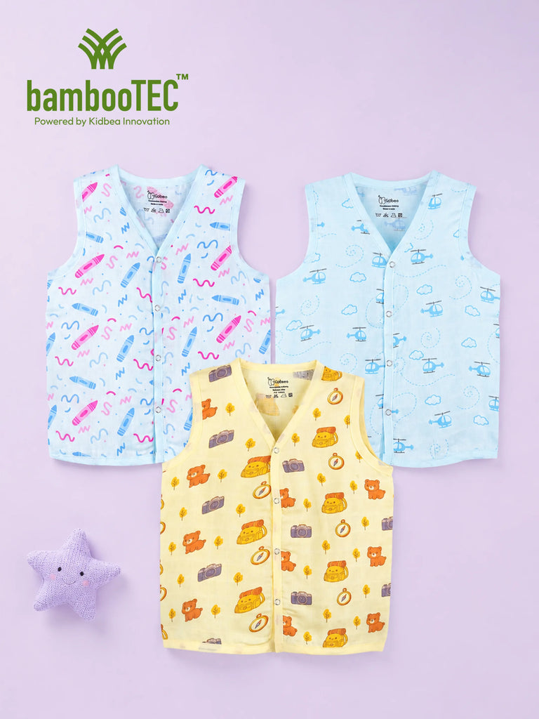 BambooTEC™ Bamboo Muslin Baby Jhabla Pack of 3 – Crayon, Helicopter & Travel Print