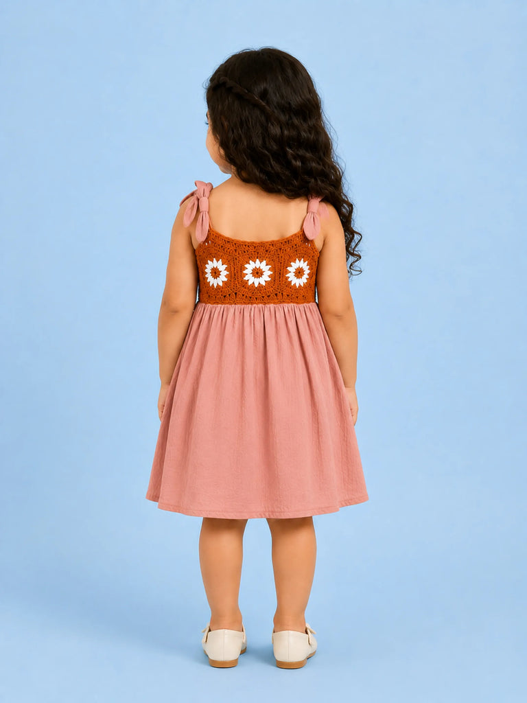 Light Organic Cotton Pink Embroidered Knot Strap Frock Dress