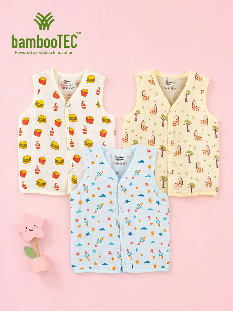 BambooTEC™ Bamboo Muslin Baby Jhabla Pack of 3 – Fast Food, Giraffe & Rocket Print