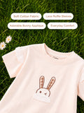 Girls Cotton Co-Ord Set – Peach Bunny T-Shirt with Denim Shorts