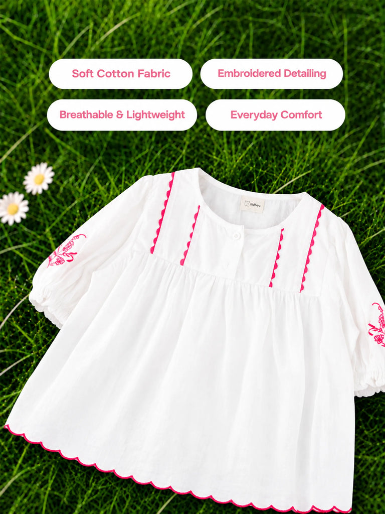Girls Cotton Dress – White 3/4 Sleeve Dress with Red Embroidery & Scalloped Details