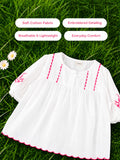 Girls Cotton Dress – White 3/4 Sleeve Dress with Red Embroidery & Scalloped Details