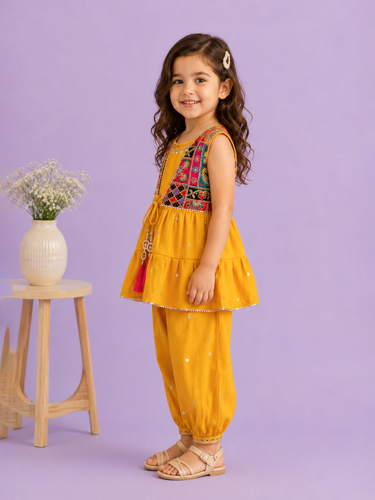 Girls Ethnic Yellow Kurta & Salwar Set – Embroidered Multicolor Jacket Style Festive Wear