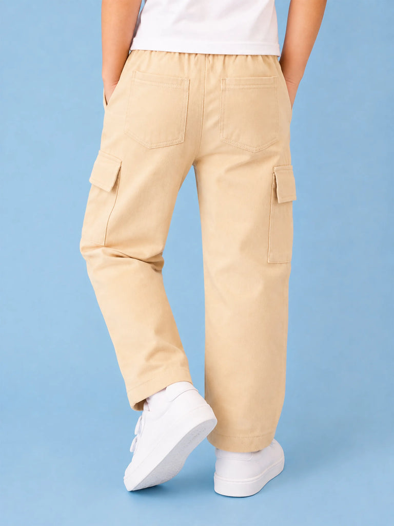 Unisex Light Beige Cotton Kids Cargo Pants – Comfortable Everyday Bottomwear