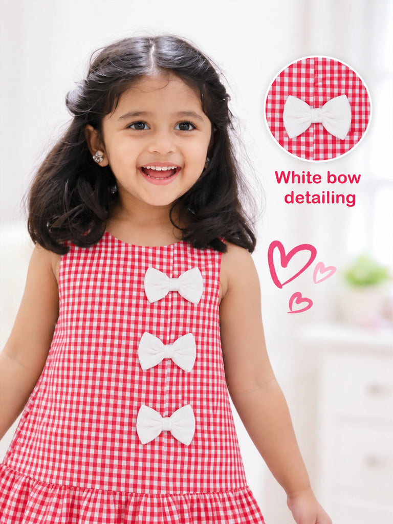 Girls Cotton Gingham Frock – Red Check Dress with White Bow Details