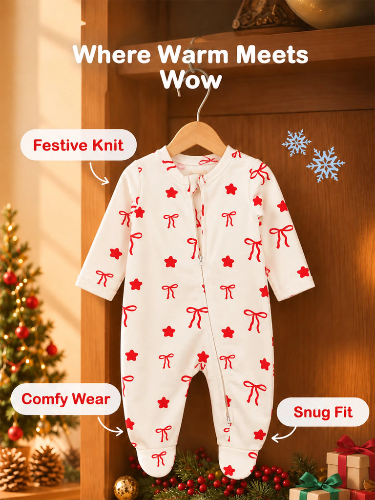 Cotton Baby Footed Romper – White Bow & Star Print Full-Sleeve Romper