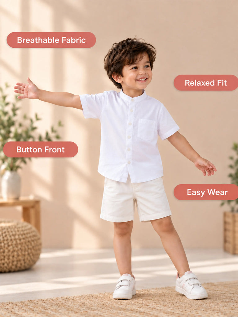 Boys White Cotton Mandarin Collar Shirt – Short Sleeve Casual Shirt