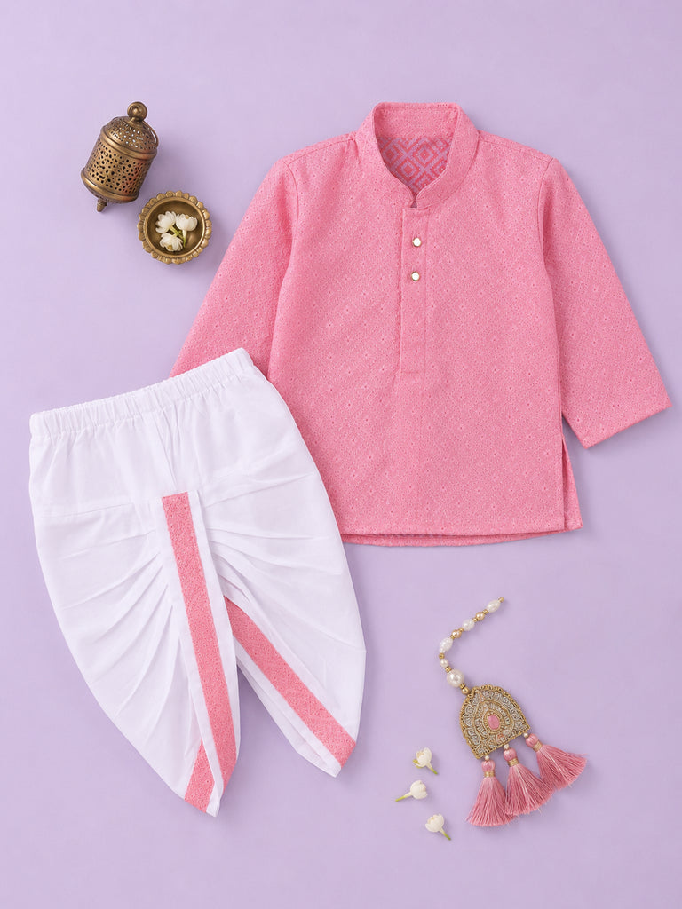 Boys Pink Kurta & White Dhoti Set – Traditional Festive Ethnic Wear