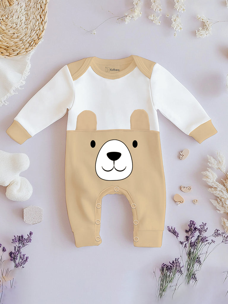 Pack of 2 Full Sleeves 100% Organic cotton Bear Printed Romper – Beige & Orange