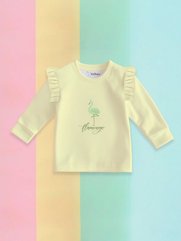 100% Bamboo Cotton Girls Full Sleeves Flamingo Printed Co-Ord Set - Soft Yellow