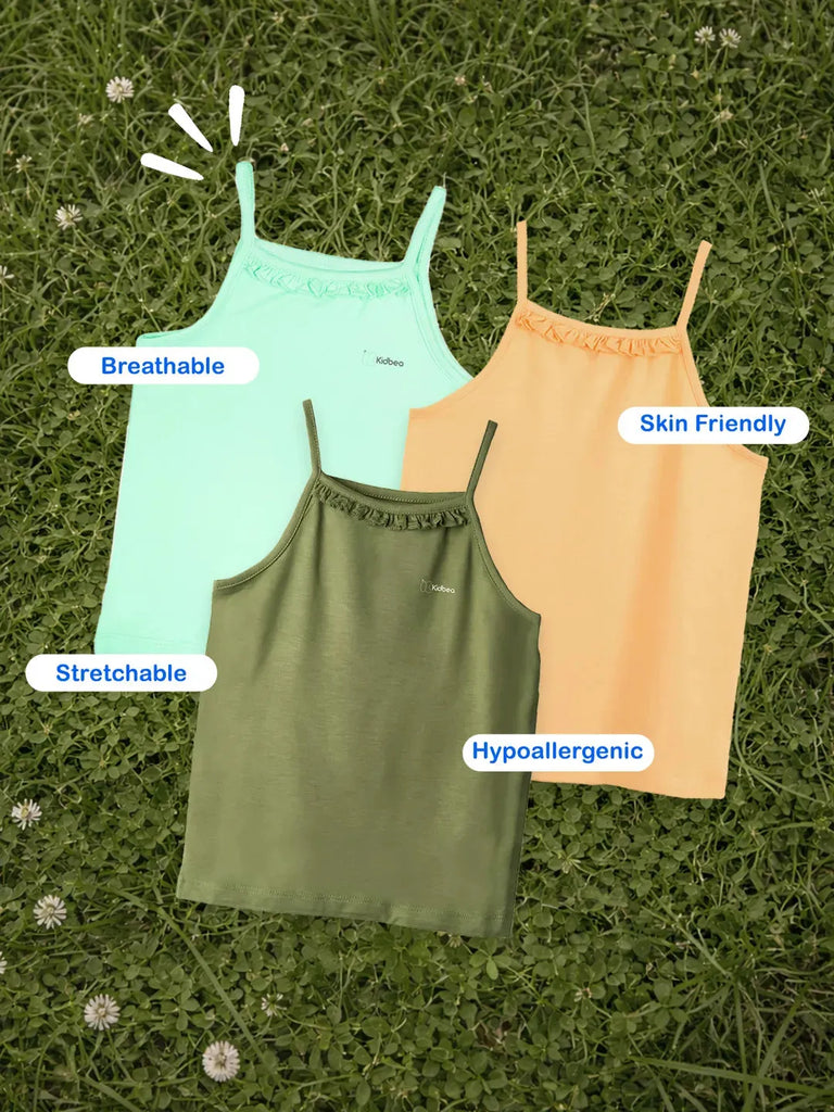 Bamboo Camisole for Kids Pack of 3 (Peach & Olive Green & Mint Green) – Soft, Breathable & innerwear