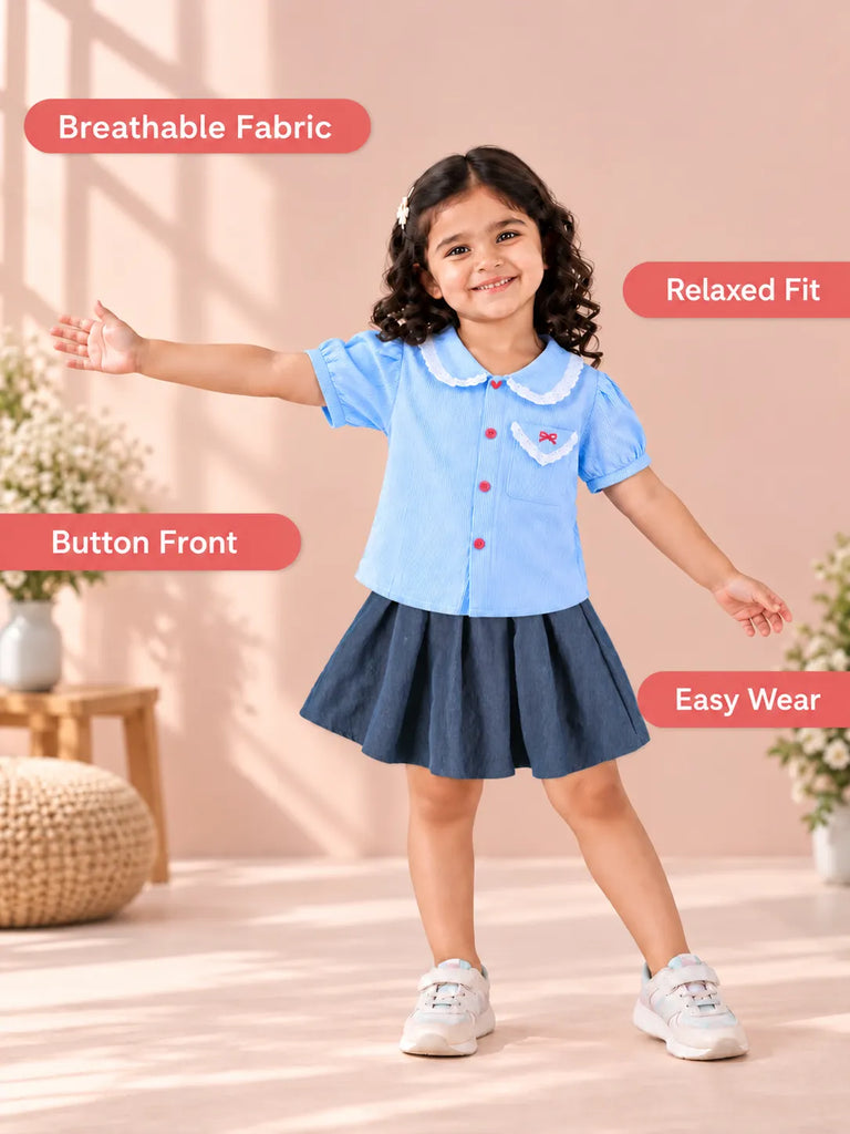 Girls Cotton Co-Ord Set – Blue Striped Shirt with Navy Flared Skirt