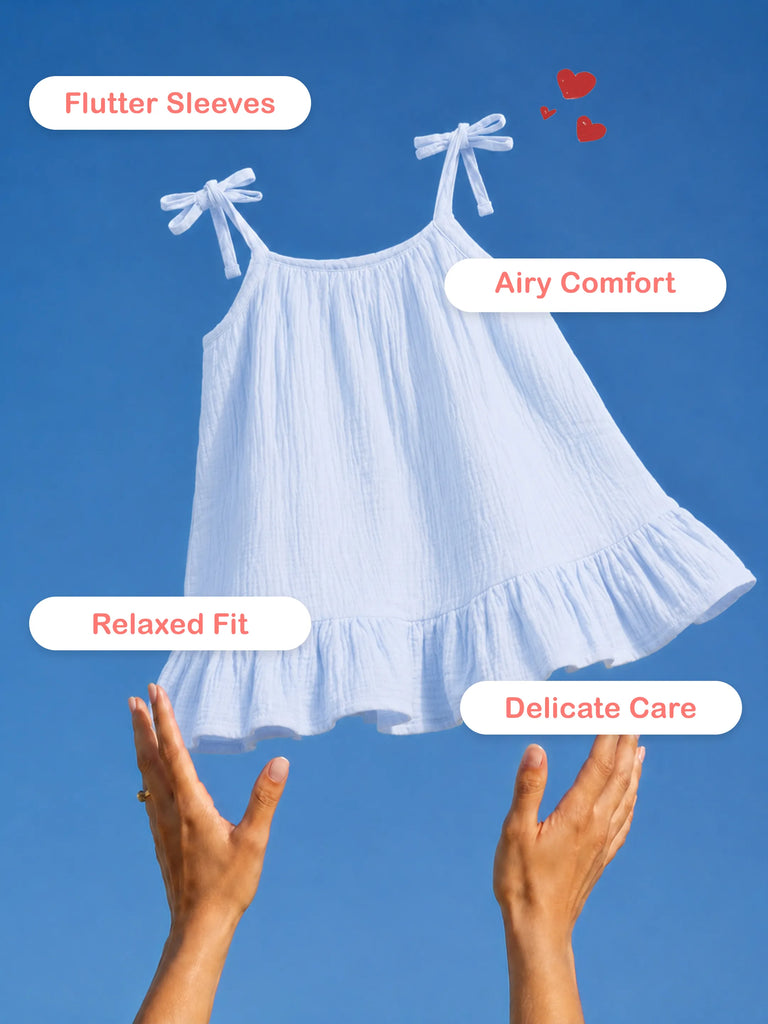 Organic Cotton Girls Sleeveless Summer Dress with Ruffle Hem - Sky Blue