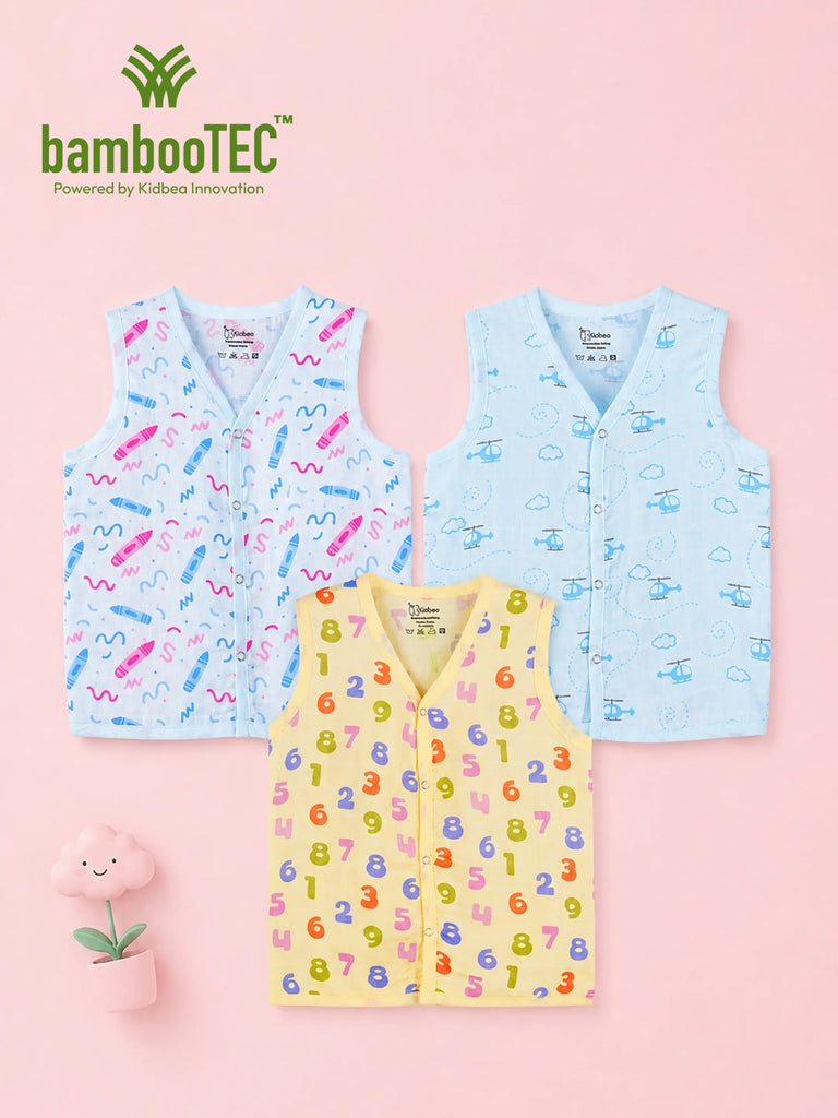 BambooTEC™ Bamboo Muslin Baby Jhabla Pack of 3 – Pencil, Helicopter & Numbers Print