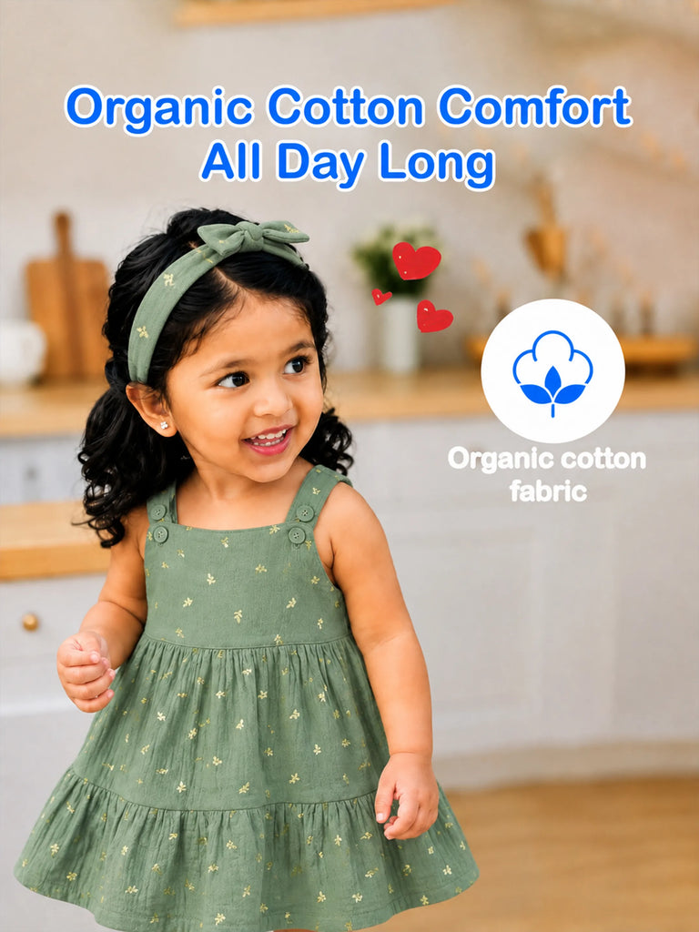 Girls Organic Cotton Sage Green Dress with Matching Headband
