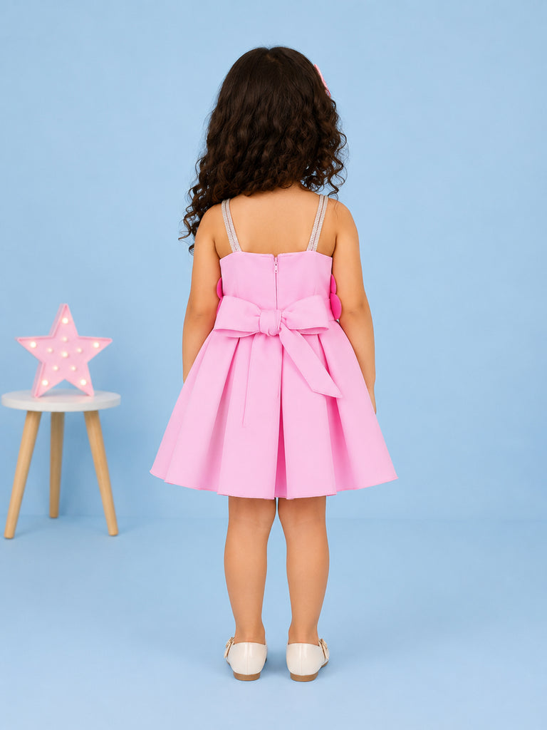Girls Pink Partywear Frock – 3D Rose Flower Flared Dress