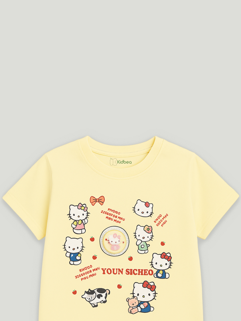 Kidbea Girls Cotton T-Shirt | Cute Hello Kitty Cartoon Print | Soft & Breathable | Casual Summer Wear for Toddlers & Kids Yellow