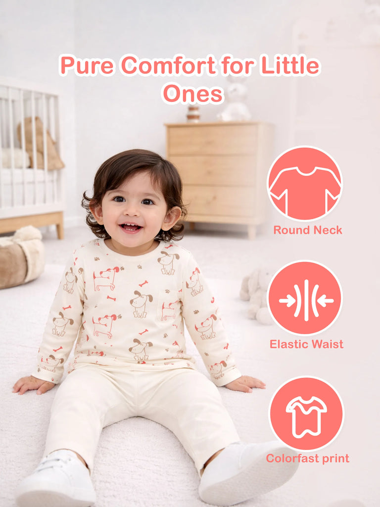 Organic Cotton Unisex Baby Co-ord Set – Soft Breathable Dog Print Full Sleeve T-shirt & Pyjama for Infants