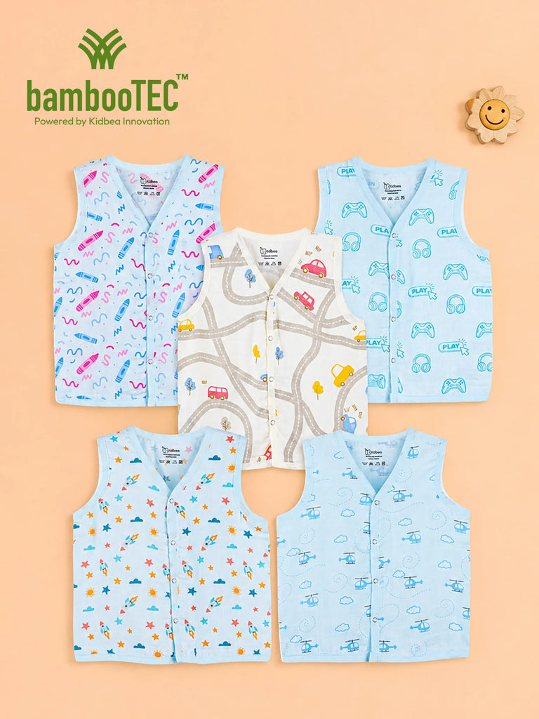 BambooTEC™ Bamboo Muslin Baby Jhabla Pack of 5 – Pencil, Gaming, Road, Rocket & Helicopter Prints