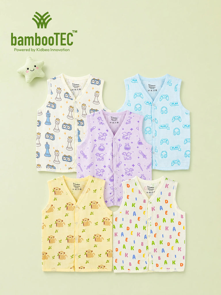 BambooTEC™ Bamboo Muslin Baby Jhabla Pack of 5 – Chess, Gaming, Magic, Monkey & Alphabet Prints