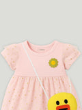 Kidbea Baby Girl Party Dress with Duck Bag | Stylish Frock with Golden Star Print, Puff Sleeves | Birthday Dress for Toddlers & Infants Pink