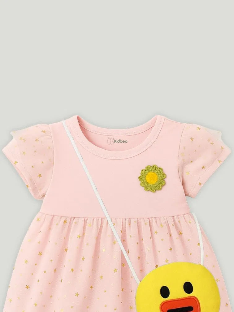 Kidbea Baby Girl Party Dress with Duck Bag | Stylish Frock with Golden Star Print, Puff Sleeves | Birthday Dress for Toddlers & Infants Pink