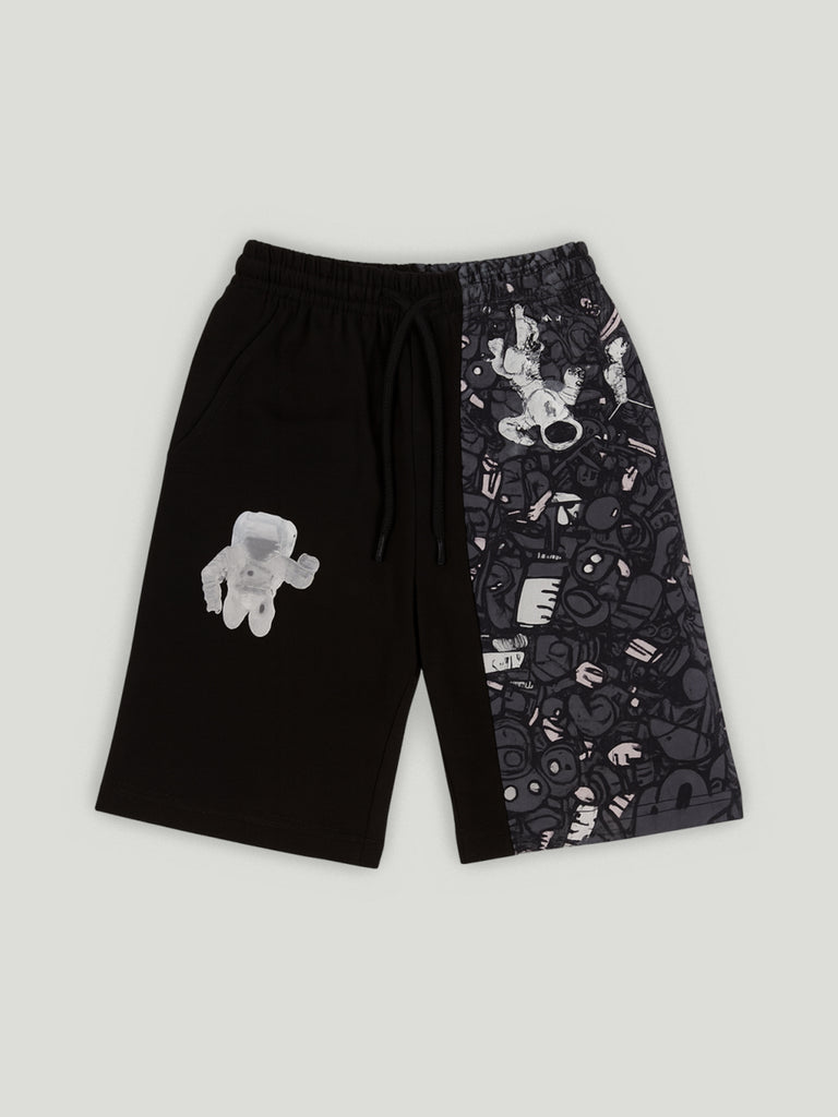 Kidbea Boys Space Theme Co-Ord Set | Cotton T-Shirt and Shorts for Kids | Black