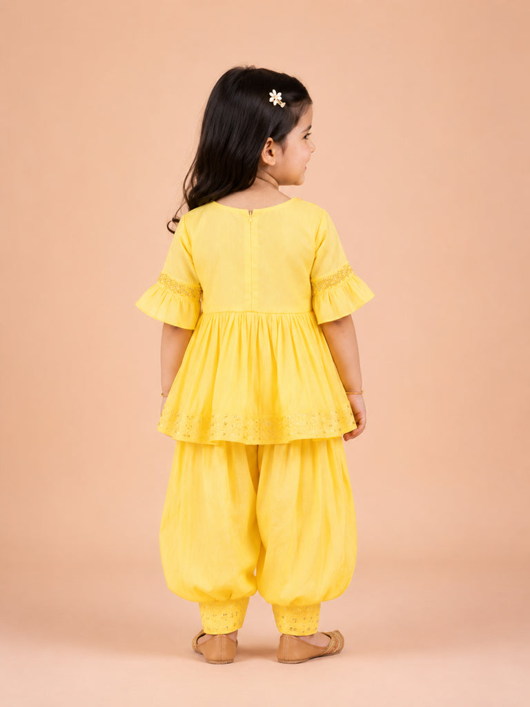 Girls Yellow Ethnic Kurta & Dhoti Set – Embroidered Festive Wear