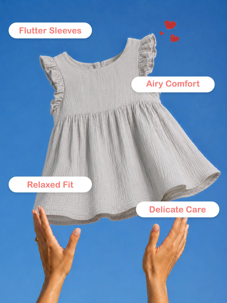 Organic Cotton Girls Flutter Sleeve A-Line Dress - Light Grey