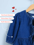 Girls Denim Peplum Top with Puff Sleeves - Dark Blue