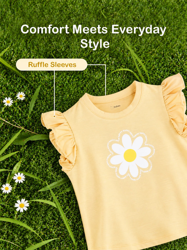 Girls Yellow Top – Daisy Flower Print with Ruffle Sleeves