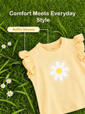 Girls Yellow Top – Daisy Flower Print with Ruffle Sleeves