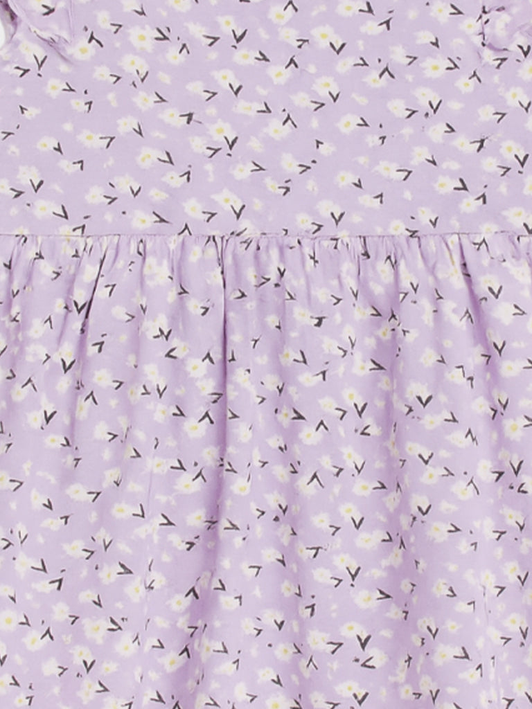 Kidbea Girls Cotton Frock | Floral Printed Dress with Ruffle Sleeves | Casual & Trendy Dress | Lavender