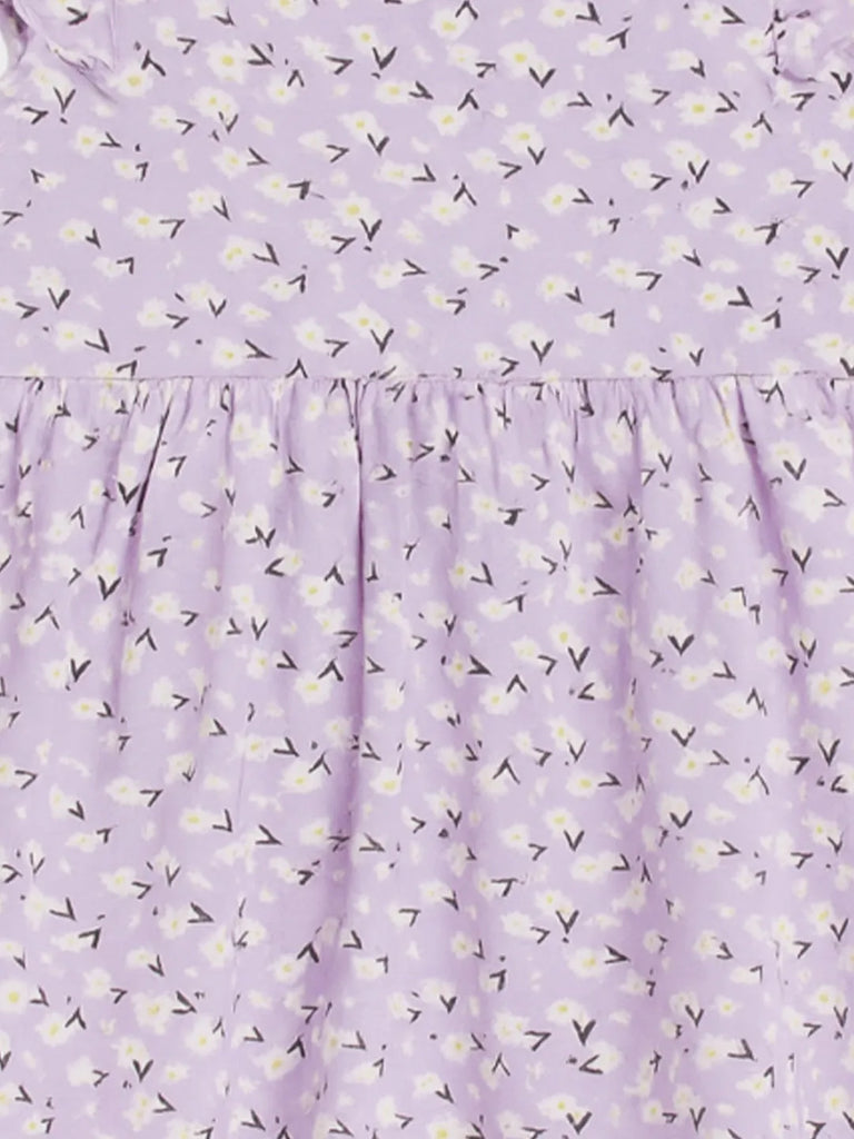 Kidbea Girls Cotton Frock | Floral Printed Dress with Ruffle Sleeves | Casual & Trendy Dress | Lavender