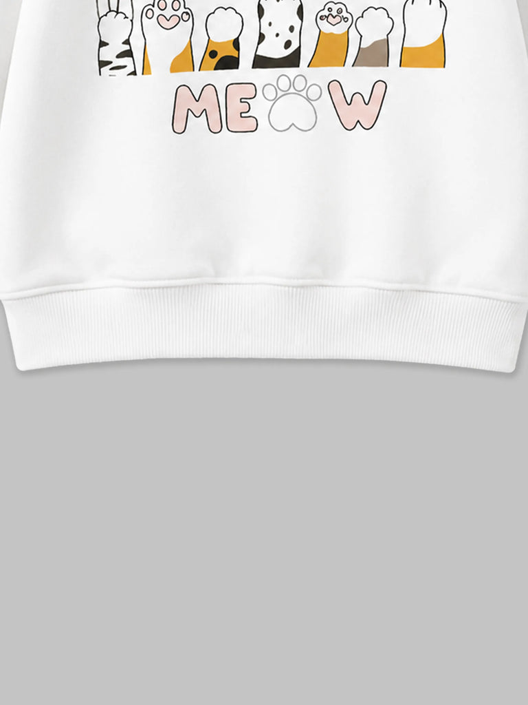 Unisex White Sweatshirt – Meow Cat Print Full-Sleeve Sweatshirt