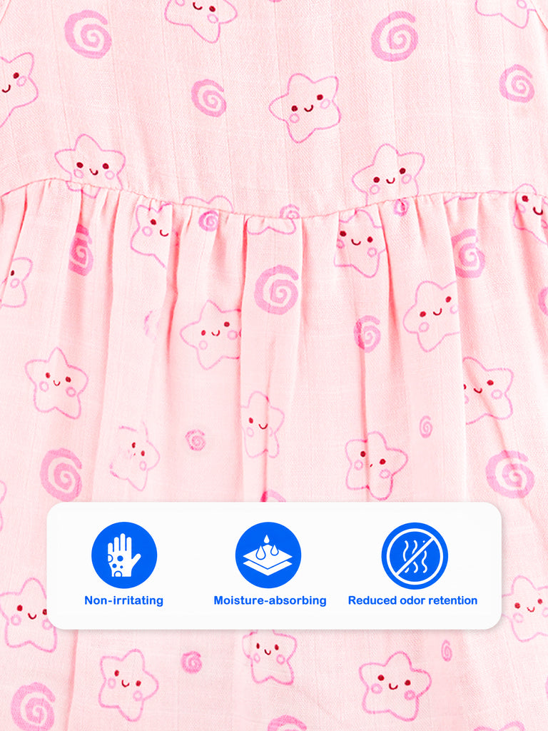 BambooTEC™ Bamboo Muslin Baby Girls Frock – Pink Floral & Smiley Print