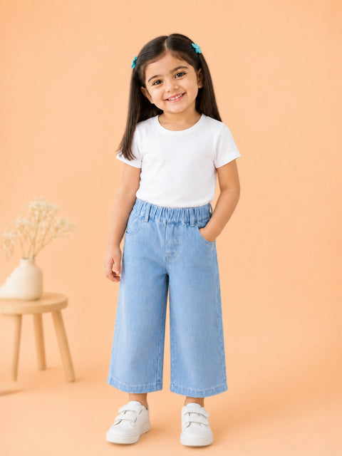 Girls Wide Leg Denim Pants - Light Blue
