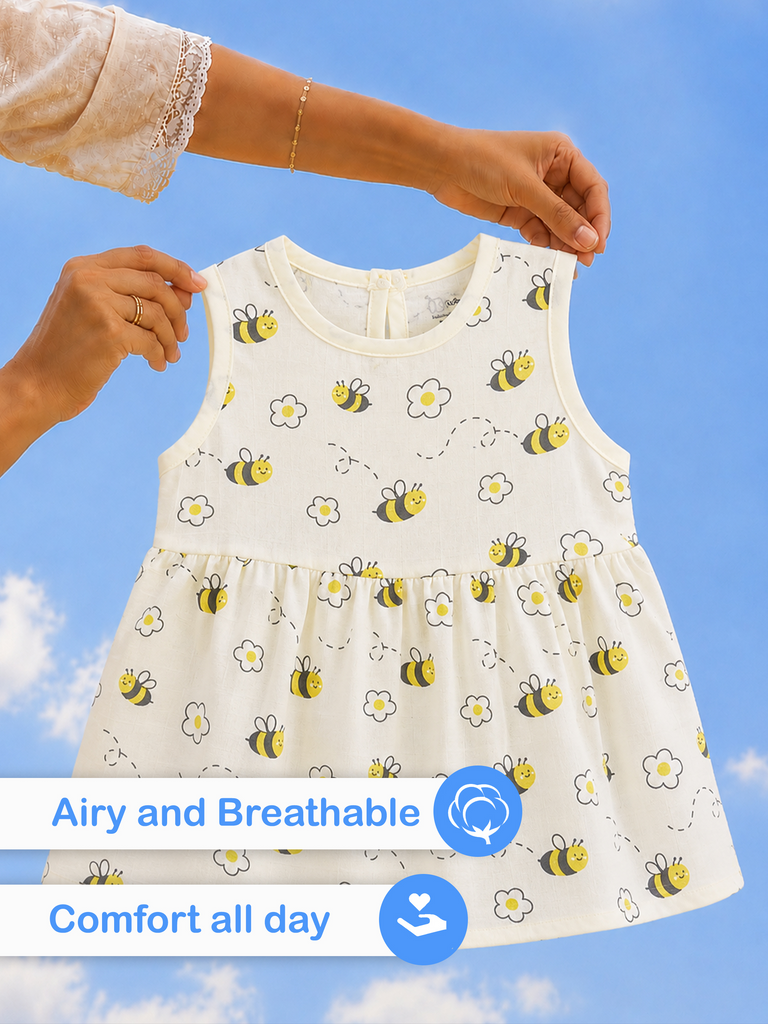 BambooTEC™ Bamboo Muslin Baby Frock – Bee & Daisy Print, Soft & Breathable Dress