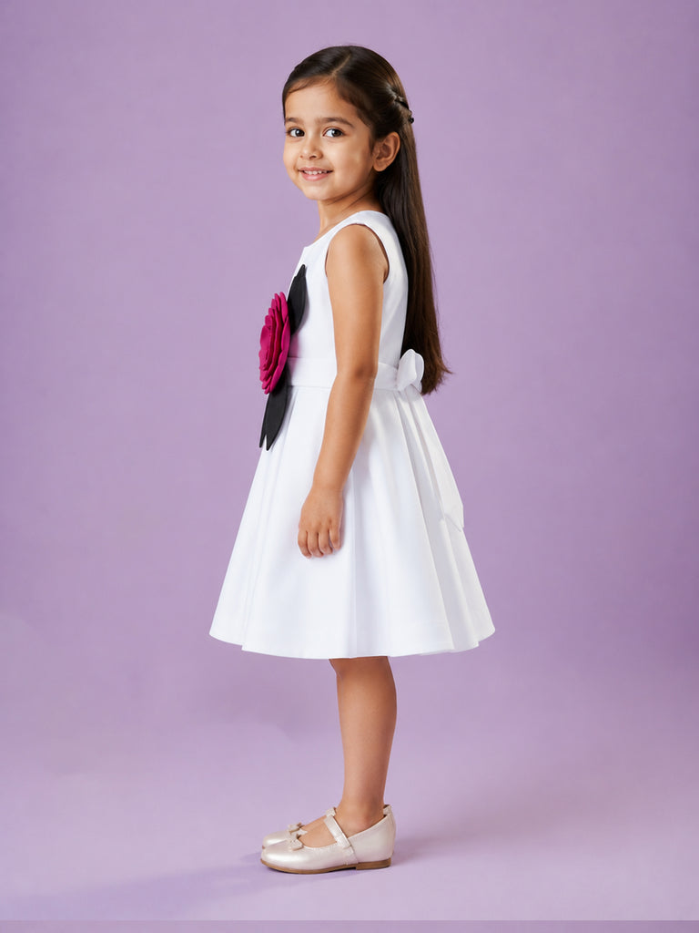 Girls White Partywear Frock – 3D Rose Flower & Leaf Design Dress