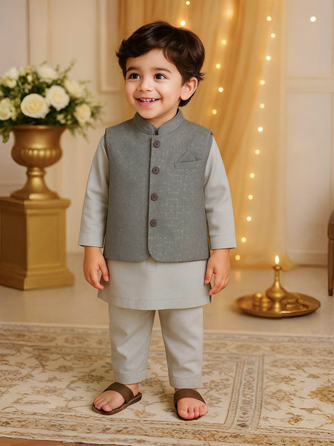 Boys Kurta Pajama with Designer Nehru Jacket | Ethnic Wear Set for Festivals & Weddings | Grey