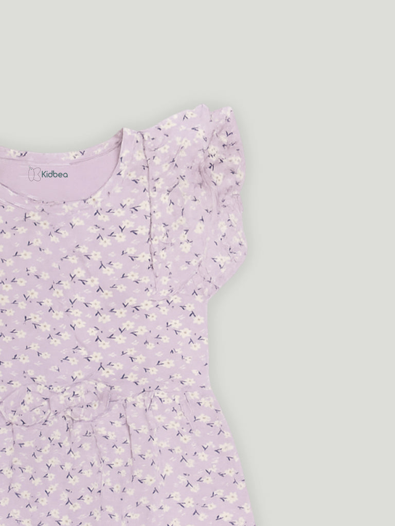 Kidbea Girls Cotton Frock | Floral Printed Dress with Ruffle Sleeves | Casual & Trendy Dress | Lavender