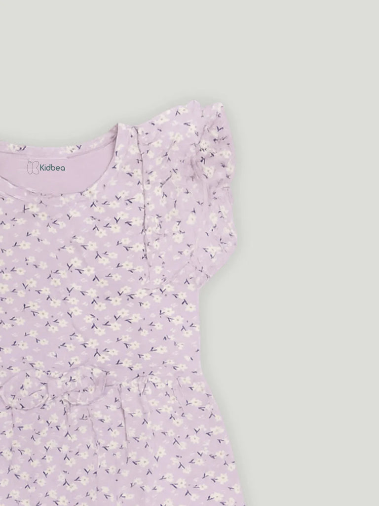 Kidbea Girls Cotton Frock | Floral Printed Dress with Ruffle Sleeves | Casual & Trendy Dress | Lavender