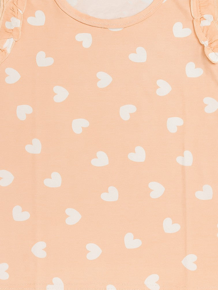 Kidbea Girls Heart Print Clothing Set | Soft Sleeveless Top with Ruffle Sleeves and Elastic Waist Shorts | Peach
