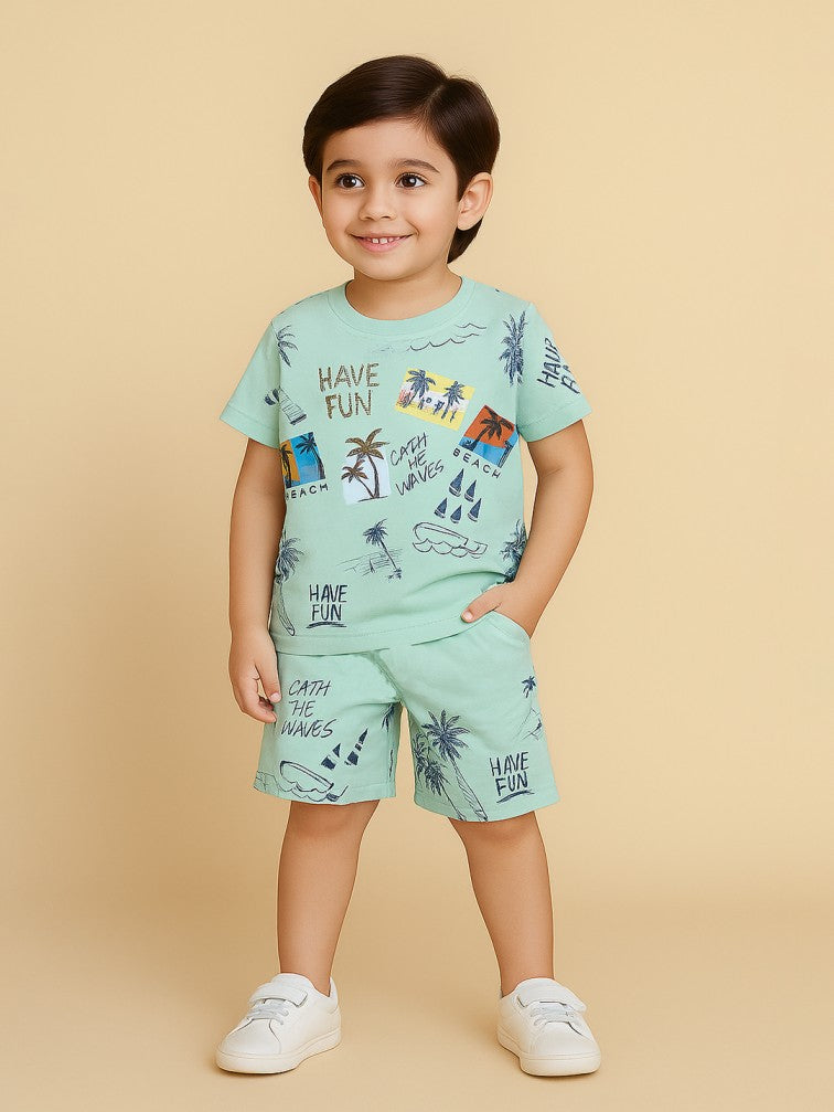 Kidbea Boys Beach Theme Co-Ord Set | Summer Cotton T-Shirt and Shorts for Boys | Cyan